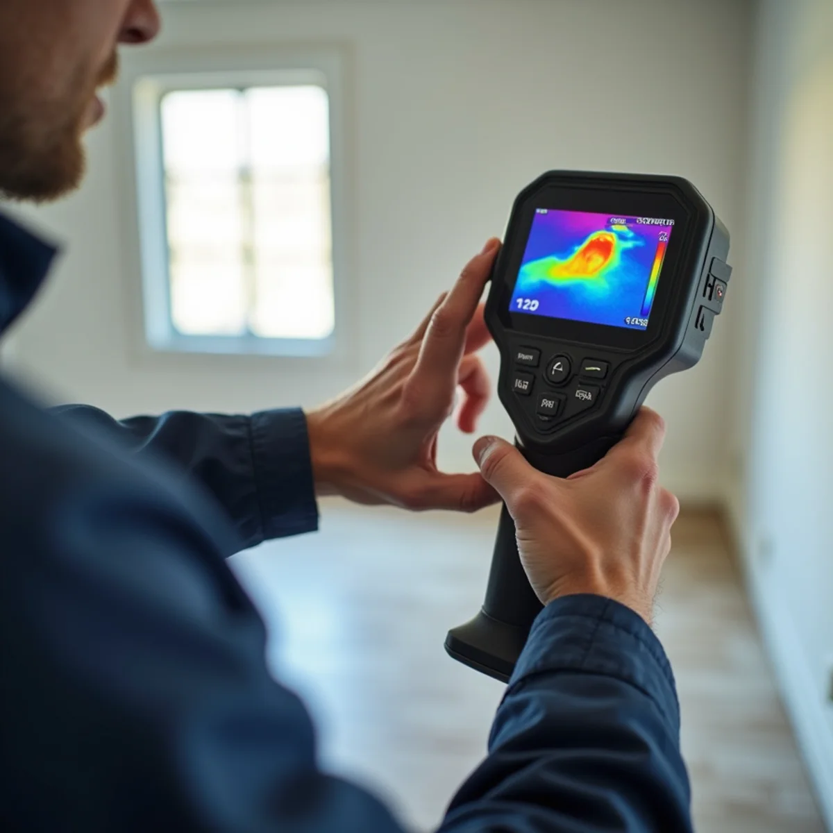 Technician holding a FLIR thermal imaging camera to detect moisture inside ceiling framing